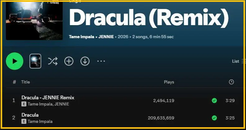Spotifyで表示されるDracula原曲とJENNIE参加バージョン