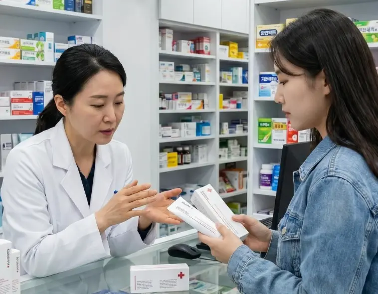 薬剤師に医薬品の使用上の注意を相談する様子