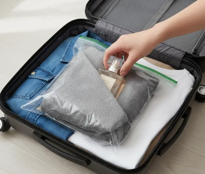 衣類で包んだ陶器をスーツケースに入れて持ち帰る準備