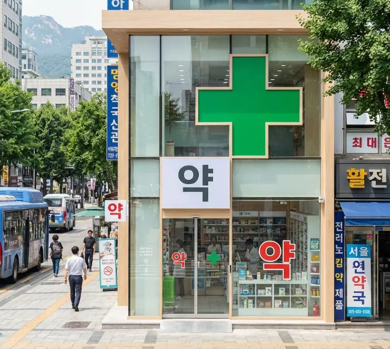 韓国の街中にある薬局の外観